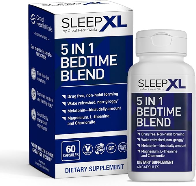 SleepXL Sleep Supplement Non-Habit-Forming Formula - Fall Asleep Faster & Sleep Longer - 5 key ingredients include Melatonin, L-Theanine, Chamomile, Magnesium & Vitamin B6 (60 Capsules, 30 Servings)