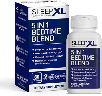 SleepXL Sleep Supplement Non-Habit-Forming Formula - Fall Asleep Faster & Sleep Longer - 5 key ingredients include Melatonin, L-Theanine, Chamomile, Magnesium & Vitamin B6 (60 Capsules, 30 Servings)