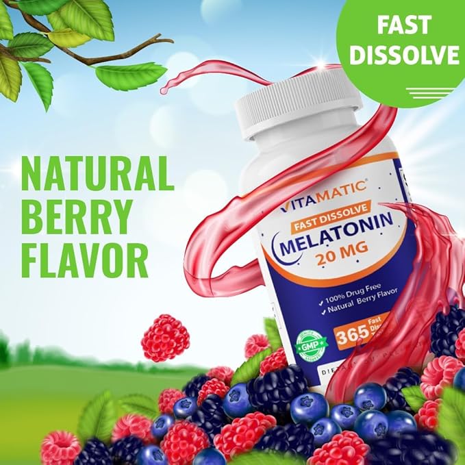 Vitamatic Melatonin 20 mg Tablets | Vegetarian, Non-GMO, Gluten Free | 1 Year Supply | Natural Berry Flavor - 365 Tablets (Pack of 2)