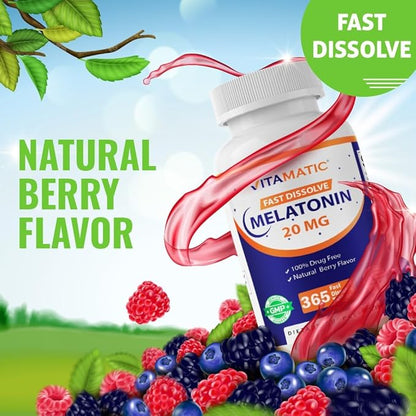 Vitamatic Melatonin 20 mg Tablets | Vegetarian, Non-GMO, Gluten Free | 1 Year Supply | Natural Berry Flavor - 365 Tablets (Pack of 2)