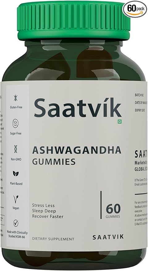 Saatvik Zero Sugar Ashwagandha & Vitamin D Gummy - 60 Count - Mixed Berry, KSM-66, Vegan, Plant Based, Non-GMO, Gluten-Free & Gelatin Free Relax. Restore. Unwind, Pack of 1