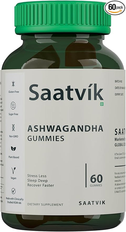 Saatvik Zero Sugar Ashwagandha & Vitamin D Gummy - 60 Count - Mixed Berry, KSM-66, Vegan, Plant Based, Non-GMO, Gluten-Free & Gelatin Free Relax. Restore. Unwind, Pack of 1