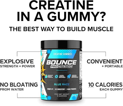 Bounce Pro Creatine Monohydrate Gummies for Men & Women, Low Calorie, 6G of Creatine per Serving, Vegan, Anti-Melting, Gluten-Free, Non-GMO, 2g of Creatine per Gummy (51ct, Blue Razz)