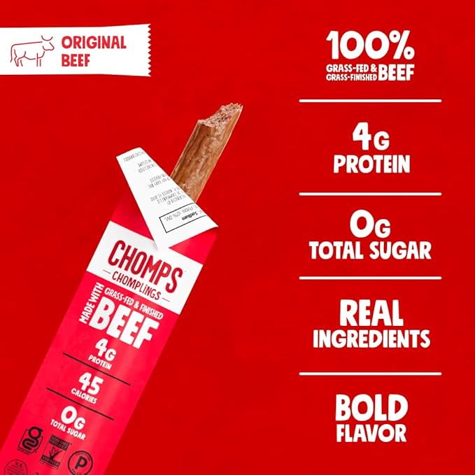 Chomps Snack Size Grass-Fed Original Beef Jerky Snack Sticks 0.5oz 24-Pack - Keto, Paleo, Whole30, 4g Lean Meat Protein, Gluten-Free, Zero Sugar Food, Non-GMO Chomplings