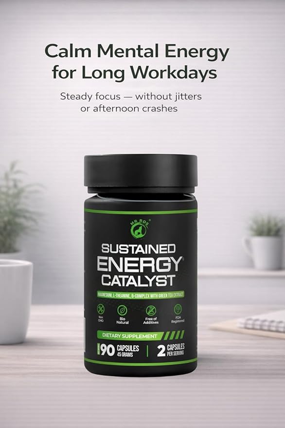 Sustained Energy Catalyst – Vegan Supplement with Magnesium, B-Complex, L-Theanine, Rhodiola, Green Tea & Marine Phytoplankton – for Energy, Focus, and Mental Balance – 90 Capsules