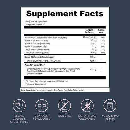 LOONI PMS Relief Balance Beam Supplement for Women – Hormone Balance for Menopause, B12, Omega-6, Zinc & Nootropics – Supports Mood Swings, Cramps, Cravings – 60 Vegan Capsules