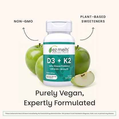 EZ Melts Dissolvable Vegan Vitamin D3 + K2 5,000 IU - Bone & Heart Health Support - Immune Function Support - No Artificial Flavors - Non-GMO - Green Apple - 180 Dissolvable Tablets (180 Servings)