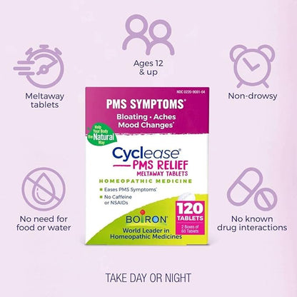 Boiron Cyclease PMS Relief Tablets for Symptoms from PMS of Bloating, Aches, Mood Swings, and Irritability - 120 Count (2 Pack of 60)