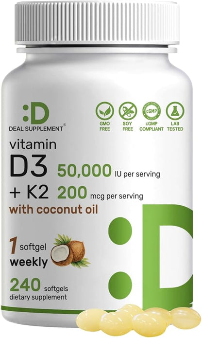 DEAL SUPPLEMENT Vitamin D3 50,000 IU + K2 MK7 200mcg Softgels, 240 Count | 2-in-1 Complex with Virgin Coconut Oil | Supports Heart, Bone, Teeth & Immune Health | Easy to Swallow