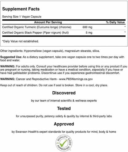 Swanson Premium Turmeric & Black Pepper Antioxidant Supplement for Active Adults Seeking Joint, Digestion, and Circulation Support - Non-GMO, Organic (90 Vegan Capsules, 4 Pack)