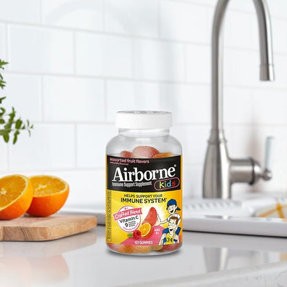 Airborne Kids 500mg Vitamin C Gummies, Kids Immune Support Zinc Gummies with Powerful Antioxidants VIT C & E - 63 Gummies, Assorted Fruit Flavor (Pack of 2)