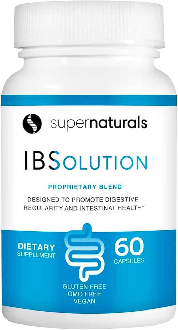 SuperNaturals IBSolution - Made in USA, Non-GMO, Gluten Free & Vegan (60 Capsules) - Digestive Gut Health Supplement With Psyllium Husk - Gas, Bloating, Diarrhea, Constipation Relief, Abdominal Pain