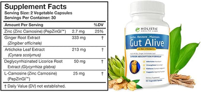 Holistic Health Labs Gut Alive - All Natural Support to Fight IBS, Heartburn, Acid Indigestion, Acid Reflux, Bloating & Gas. Unique Formulation (60 Count (Pack of 2))