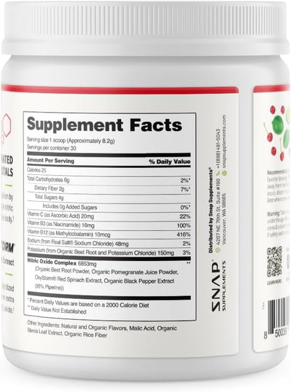 Snap Supplements Organic Beet Root Powder Nitric Oxide Supplement for Men & Women, Red Spinach & Pomegranate, Supports Healthy Energy & Blood Pressure Already in Normal Range, 30 Servings, Cherry Lime