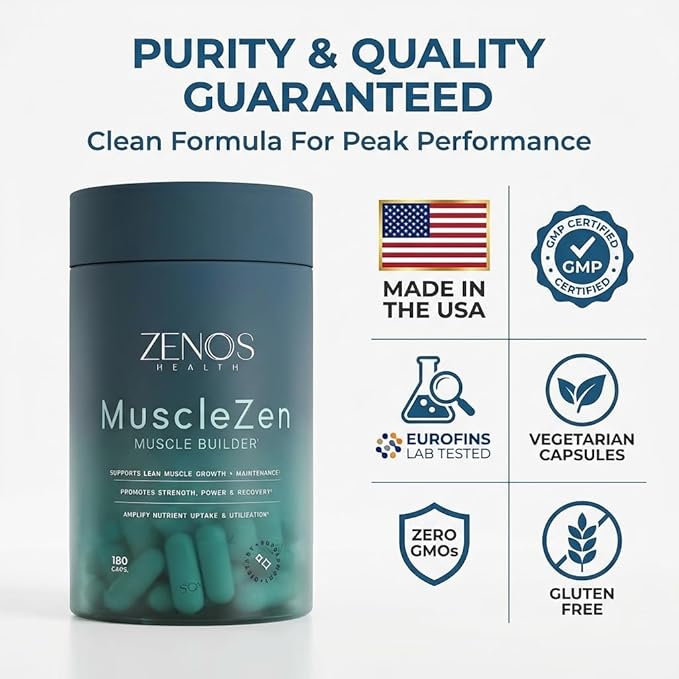 Zenos Health MuscleZen Muscle Builder for Men – ATP Supplements for Strength – Muscle Supplements for Super Recovery – Clear Muscle Support for Lean Muscle Growth - Made in USA, 180 Caps