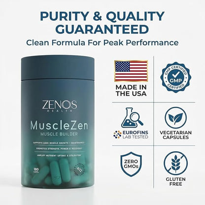 Zenos Health MuscleZen Muscle Builder for Men – ATP Supplements for Strength – Muscle Supplements for Super Recovery – Clear Muscle Support for Lean Muscle Growth - Made in USA, 180 Caps