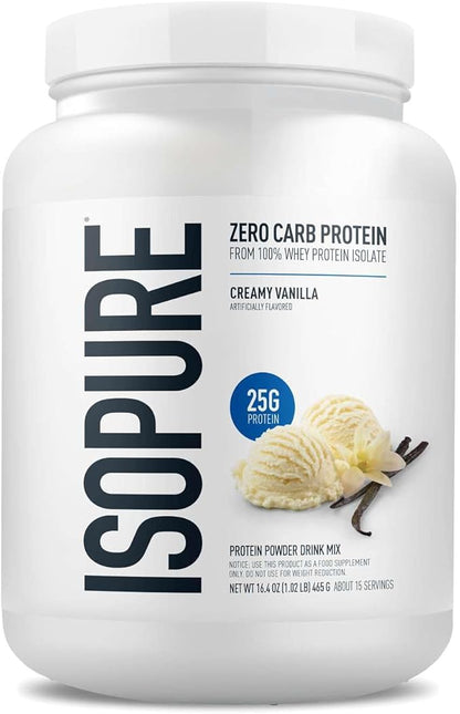 Isopure Zero Carb 100% Pure Whey Isolate Protein Powder, Lactose Free, Gluten Free, with Vitamins, Creamy Vanilla, 25g Protein Per Serving, 1 Lb, 15 Servings (Packaging May Vary)