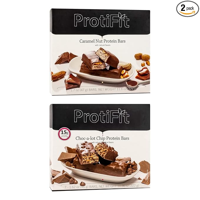 PROTIFIT - Low Calorie Caramel Nut & Choc-a-lot Chip Protein Bar 2 Pack, High Protein, 15g Protein, Low Carb, Low Sugar, Ideal Protein Compatible, 7 Servings Per Box, (2 Pack)