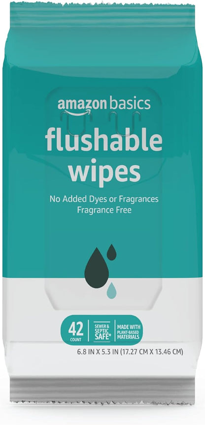 Amazon Basics Adult Wet Wipes Flushable formulated without Fragrance, 126 Count (3 Packs of 42) Packaging May Vary