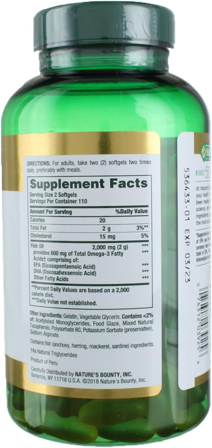 Nature's Bounty Fish Oil 1000 mg Omega-3, 220 Odorless Softgels (Pack of 3)