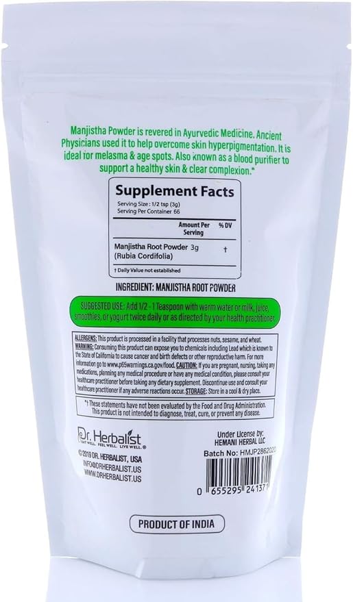 Dr. Herbalist Manjistha Root Powder (200g) - 100% Natural Indian Madder for Skin, Hair & Wellness, Vegan, Promotes Radiant Complexion & Healthy Hair