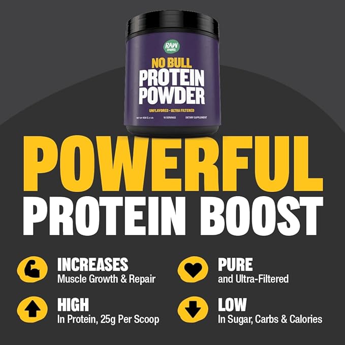 1lb No Bull Unflavored Whey Protein Powder, Pure, Instantized Whey Supplement,High Protein, Low Carb, No Fillers, No Additives, Flavorless
