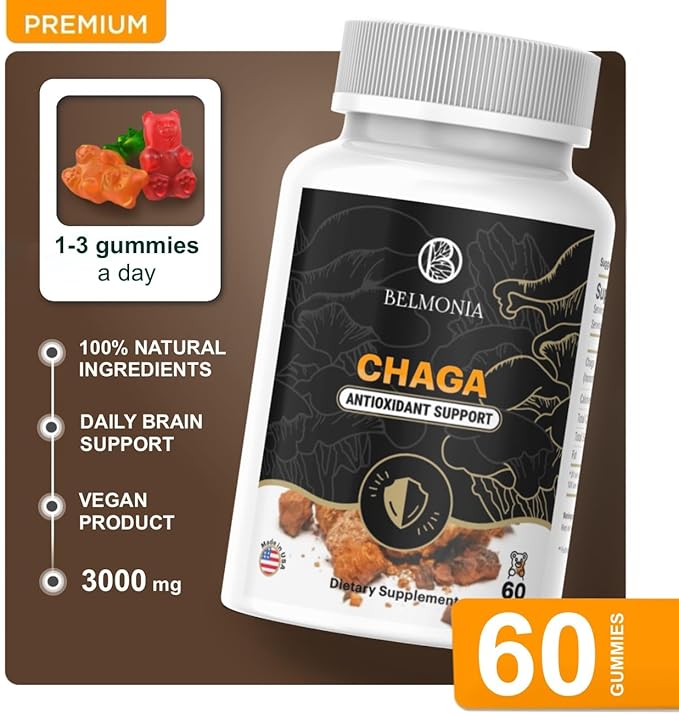 Chaga Mushroom Gummies — Antioxidant Immune Support Supplement - Dietary Mushroom Supplement - 60 Gummies - Made in USA - Shrooms for Health - Organic Vegan Frendly