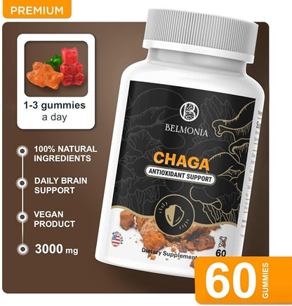 Chaga Mushroom Gummies — Antioxidant Immune Support Supplement - Dietary Mushroom Supplement - 60 Gummies - Made in USA - Shrooms for Health - Organic Vegan Frendly