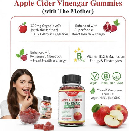 Apple Cider Vinegar Gummies with The Mother – Organic ACV + Pomegranate, Beetroot & B12 – Digestive, Detox & Energy Support – Vegan, Halal – 60 Gummies