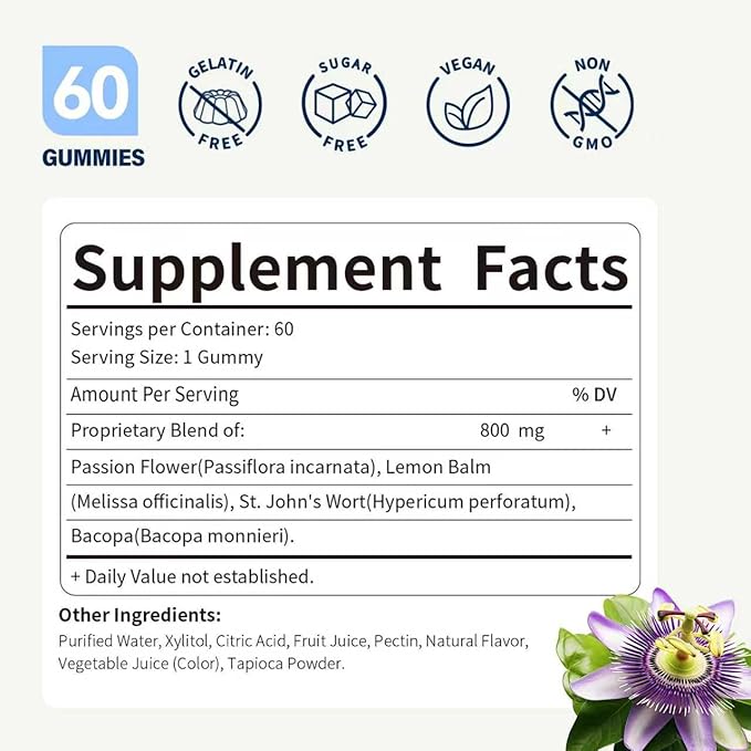 Passion Flower Extract Gummies for Natural Sleep Support, 4-in-1 Herbal Supplement for Calm & Relaxation w/Lemon Balm and More, Pasiflora Gomitas para Dormir. 60 Count