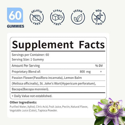 Passion Flower Extract Gummies for Natural Sleep Support, 4-in-1 Herbal Supplement for Calm & Relaxation w/Lemon Balm and More, Pasiflora Gomitas para Dormir. 60 Count