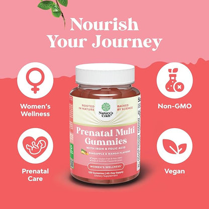 Natures Craft Vegan Prenatal Gummies for Women - Gummy Prenatal Vitamins for Women with Iron Folic Acid and Superfruit Blend - Chewable Vitamins Gummy Formula (Pineapple Mango) - 120 Count