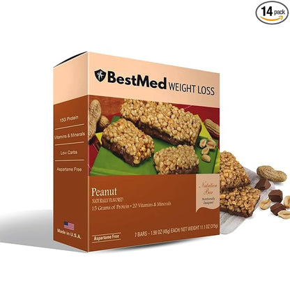 BestMed - High Protein Nutrition Bar - Low-Carb, 15g Protein, Low Sugar, High Fiber, Low Calorie, Meal Replacement Bar (Peanut, 2 Box - 14 Count)