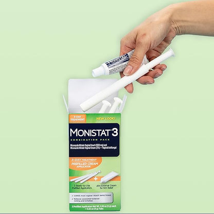 Monistat 3-Day Yeast Infection Treatment for Women, 3 Pre-Filled Miconazole Cream Applicators & External Itch Relief Anti-Itch Cream (9g Tube) Combo Pack, Regular Strength