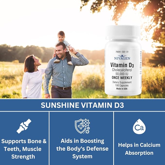Nivagen Vitamin D3 50,000 IU (1250 mcg) | Once Weekly Dose | 100 Capsules (100 Weeks, Approx. 2 Years Supply) | Easy to Swallow | Bone, Muscle & Immune Support | Non-GMO, Gluten Free | Made in USA