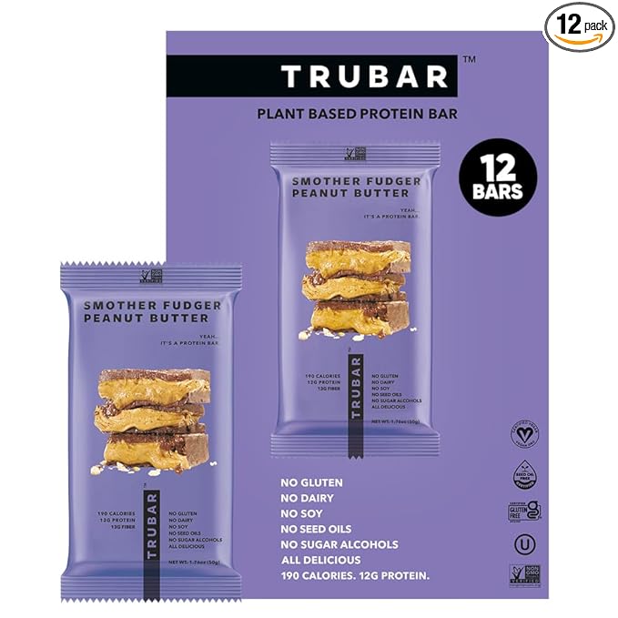 TRUBAR Vegan Protein Bar, Smother Fudger Peanut Butter, Gluten Free, Plant Based Protein, Dairy Free, Non GMO, Soy Free, No Sugar Alcohols, 12G Protein, 13G Fiber, Healthy on the Go Snack Bars, 12 CT