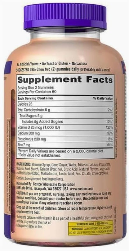 Kirkland Signature Chewable Calcium with Vitamin D3 Adult Gummies, 120 ct x 1 Bottle