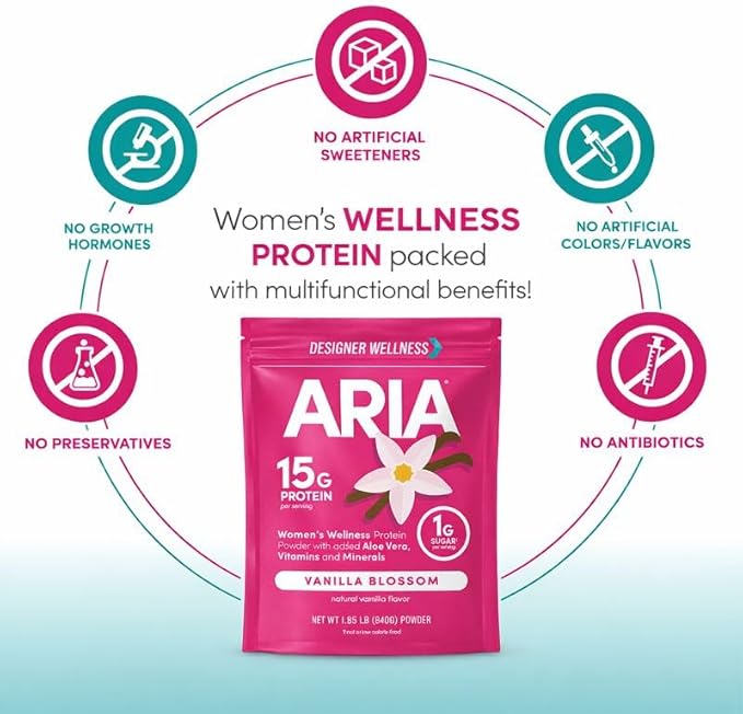 Designer Wellness, Aria, Women's Wellness Low Calorie Vanilla Protein Powder with Biotin, Vitamin C and Organic Aloe, Vanilla Blossom, 1.85 Pound