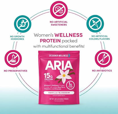 Designer Wellness, Aria, Women's Wellness Low Calorie Vanilla Protein Powder with Biotin, Vitamin C and Organic Aloe, Vanilla Blossom, 1.85 Pound