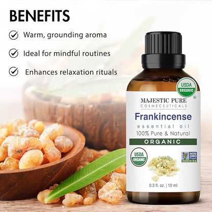 Majestic Pure Organic Frankincense Essential Oil - 100% Pure Frankincense Oil for Pain Relief, Skin Care, Hair Care & Aromatherapy, Premium Grade for Diffuser & Oil Diffuser - 0.3 fl oz