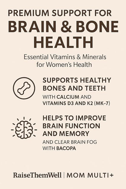 Raise Them Well Mom Multi+ Daily Multivitamin for Women with Active Folate, Adaptogens & Bacopa, Energy, Stress & Cognitive Support, 120 Veggie Capsules