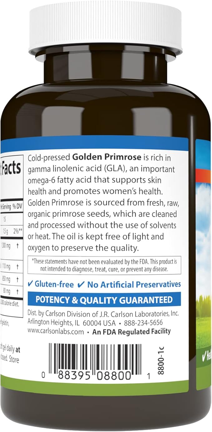 Carlson - Golden Primrose, 1300 mg Evening Primrose Oil, Cold-Pressed, Healthy Skin, Women's Health & Optimal Wellness, 50 Softgels