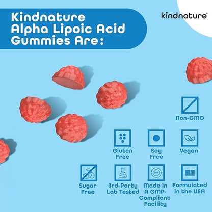 kindnature Alpha Lipoic Acid Gummies 600mg – Neuropathy Supplements – ALA for Nerve Comfort & Antioxidant Support – Sugar-Free, Vegan, Non-GMO – 90 Gummies