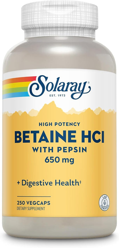 SOLARAY Betaine HCL with Pepsin - High Potency Hydrochloric Acid Formula - Digestive Health Supplement with Digestive Enzymes for Gut Health Support - 60-Day Guarantee, 250 Servings, 250 VegCaps