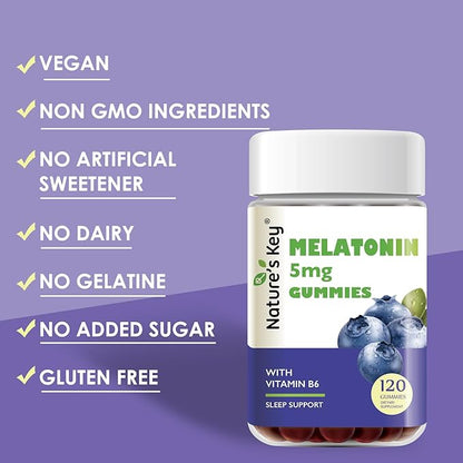 Nature's Key Melatonin Gummies for Kids & Adults, 2.5mg 5mg or 10mg Dose Gummy with Vitamin B6, Natural Blueberry Flavor 120 Ct