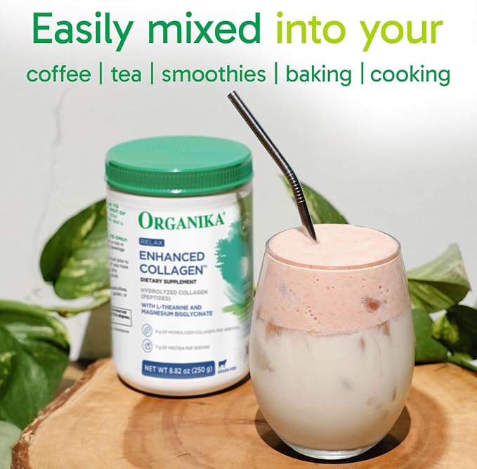 Organika Enhanced Relax Collagen Peptides Powder with L-Theanine & Magnesium Bisglycinate (9 oz): Enriched Collagen Powder for Women & Men - Skin, Hair, Joints - Sleep, Vitality, Relaxation