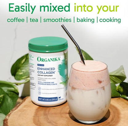 Organika Enhanced Relax Collagen Peptides Powder with L-Theanine & Magnesium Bisglycinate (9 oz): Enriched Collagen Powder for Women & Men - Skin, Hair, Joints - Sleep, Vitality, Relaxation