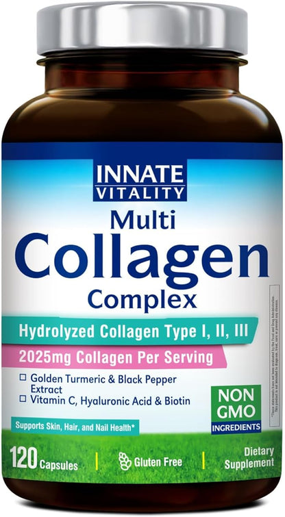 Innate Vitality Multi Collagen Peptides, Type I, II, III, Vitamin C, Biotin, Hyaluronic Acid & Turmeric, 2025mg Hydrolyzed Collagen for Women & Men, Skin, Hair & Nail Support, 120 Capsules