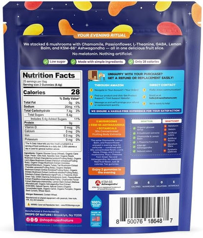 Drops Of Nature Mushroom Sleep Gummies Melatonin-Free – Ashwagandha L Theanine Elderberry Lions Mane Turkey Tail Lemon Balm GABA – Nighttime Mushroom Superfood Blend (Mixed Fruits, 50 Gummies)