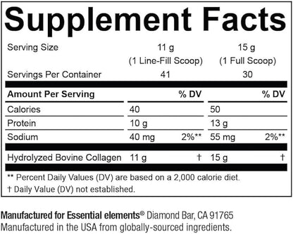 Essential Elements Hydrolyzed Collagen Powder - Joint, Skin, Hair, and Nail Support | Types I & III Peptides | Preservative-Free, Grass-Fed, Hormone-Free, Dissolves Easily (2-Pack)